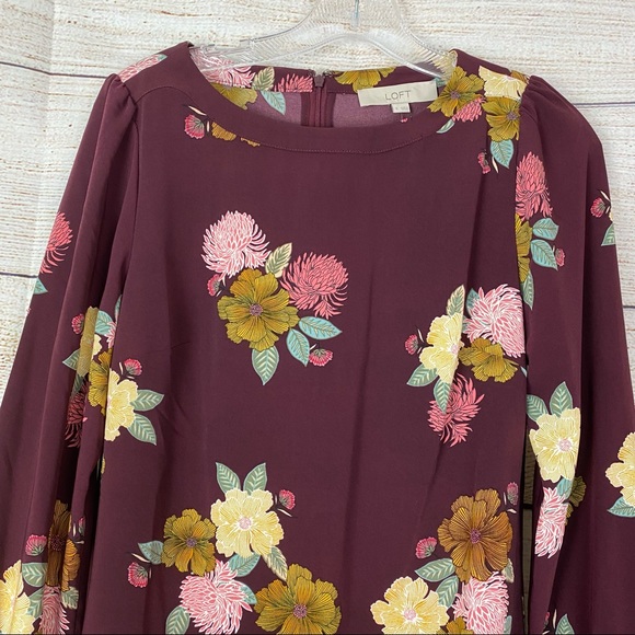 LOFT Womens Tunic Dress Burgundy Floral Print Long Sleeved NEW Size 0 - Picture 3 of 7